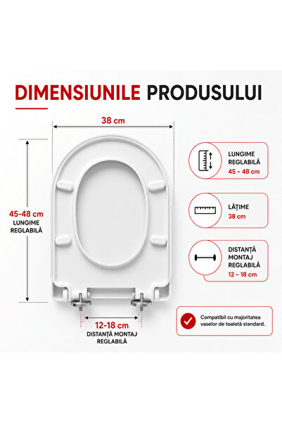 TnsAround Scaun de toaletă universal, Balamale metalice, PP rezistent, Dimensiuni reglabile 45-48 cm, Alb