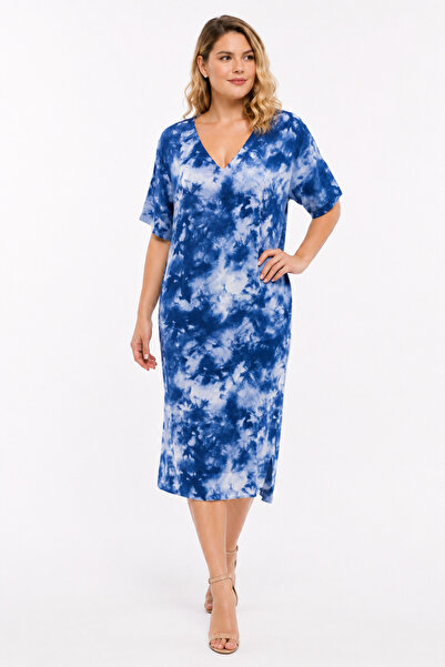 Şans Women's Plus Size Blue, Woven Viscose Fabric, V-Neck Tie-Dye Pattern Dre...