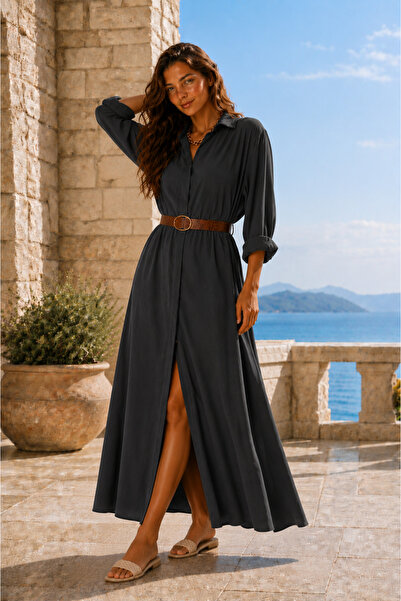 ABBRA Women Belted Shirt Dress with Pocket Detail Modal
