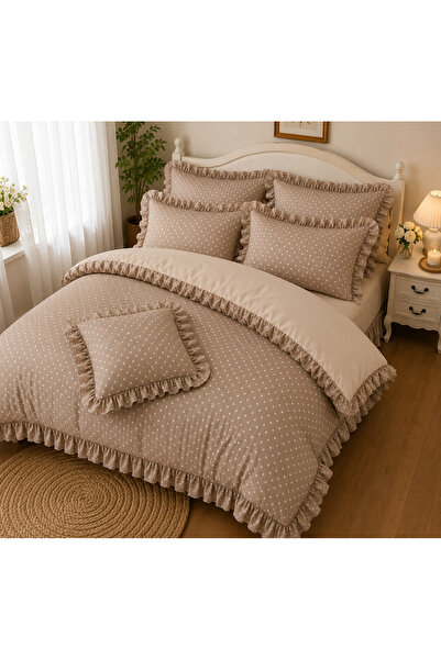 DüşEvi Milky Brown Polka Dot Ruffled Duvet Cover Set |   Soft Textured |   Do...