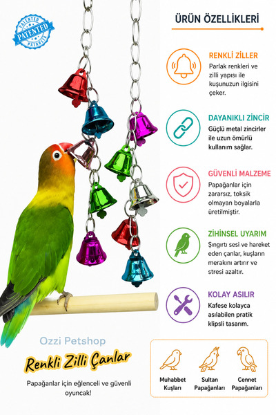 ozzipetshop Kuş Papağan Zilli Oyuncak Renkli Kafes Oyuncağı Kuş Kafesi Aksesuarı