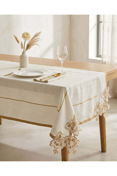 REDTAG Ivory Cotton Floral Applique Embroidered Table Cover