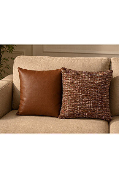 NURHAN HOME COLLECTION Siena Duo Kırlent Kılıf Seti - Taba Deri ve Dokulu Kumaş Dekoratif Kırlent Kılıf Takımı 2'li
