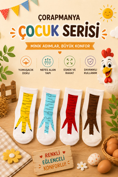 çorapmanya Çocuk Çok Renkli Tavuk Bacağı Desenli Soket Çorap 4 Çift