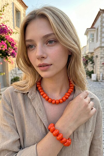 bacc Orange Big Stone Modern Style Ethnic Bracelet Necklace Set