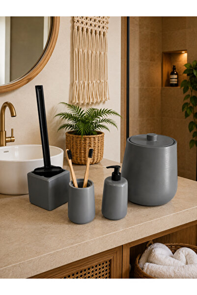 Zigzag Home طقم حمام مزخرف من 4 قطع على الطراز البوهيمي، سلة مهملات، فرشاة تو...