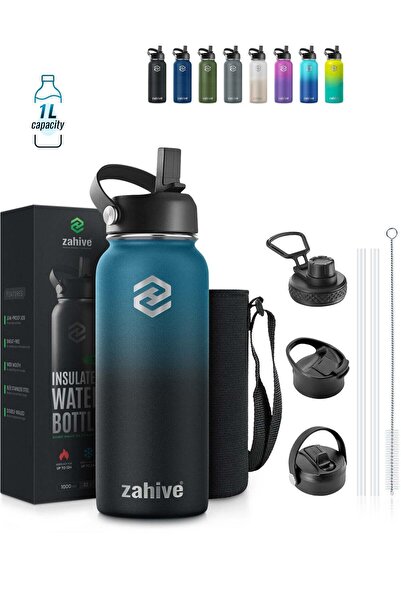GULF GALLERY Insulated Stainless Steel Water Bottle with Straw, 3 Lids, Bag, ...