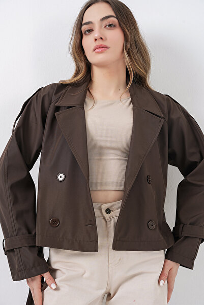 Merterium Women's Belted Short Trench Coat 1570 - A.Brown