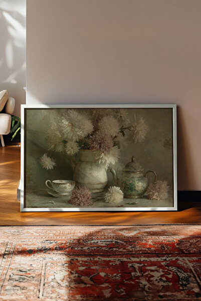 Zestia Pictură murală orizontală vintage, natură moartă florală cu ceainic și...