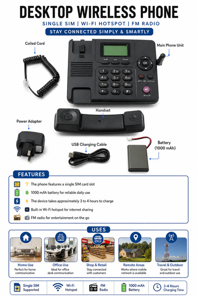 Baytix HOME هاتف مكتبي لاسلكي 4G مع شريحة SIM واحدة، نقطة اتصال واي فاي، رادي...