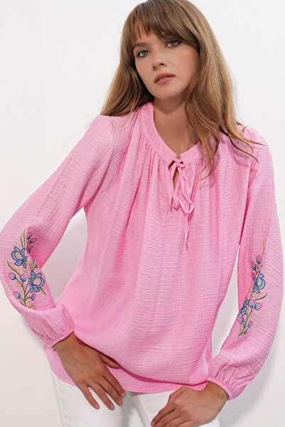 Merterium Women's Embroidered Oversize Blouse 1530 - Pink