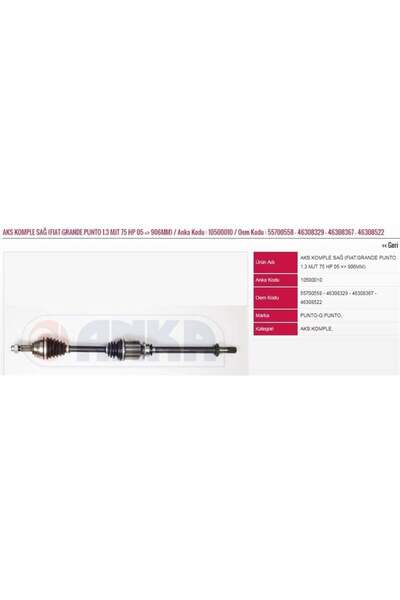 ANKA AKS KOMPLE SAĞ 1.3 MJT 75 HP 05=> 906MM FIAT GRANDE PUNTO