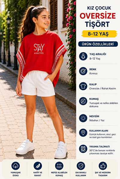 Kız Çocuk Kırmızı Oversize Baskılı Tişört – 8-12 Yaş Yazlık Rahat Kesim