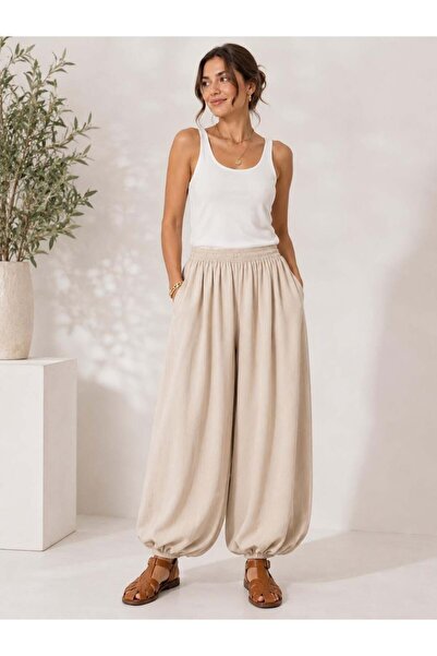 aguaje A60066 Beli Lastikli Şalvar Pantolon / BEJ