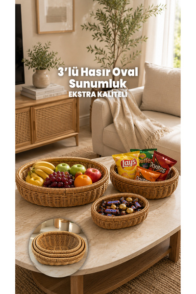 Destpak 3'lü Oval Hasır Sunumluk Sepet Badya Leğen Tabak Kase - Masaüstü Orga...