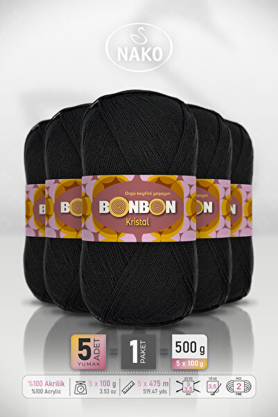 BONBON Kristal - Black (98206) - 5-Pack - 100Gr/475M - Fine Yarn Hand Knittin...