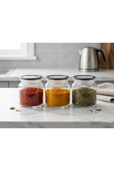 DS Home&Design 3-Piece Glass Spice Set with Black Ring Vacuum Lids - Modern C...