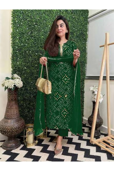 MYSMAR Green Bandhani Print Mirror Work Kurta Set - AMZ2021 | Green