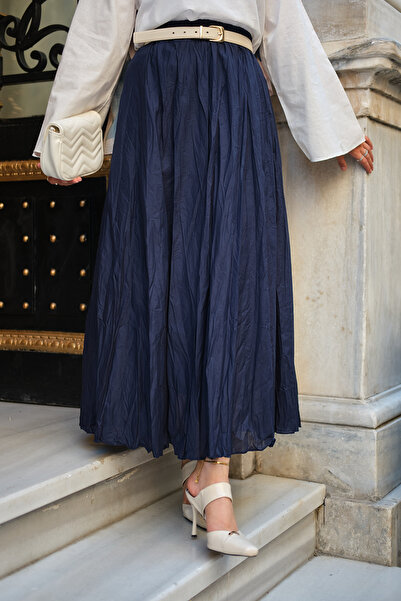 LOCCO Women's Elastic Waist Crinkled Skirt Navy Blue