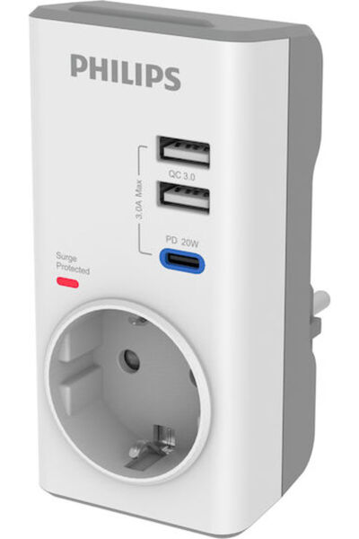 Philips Μονή πρίζα με προστασία από υπερτάσεις, με 2 θύρες USB-A και 1 θύρα U...