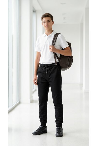 miviko Boys' School Trousers Compact Fabric Black Color 2-Threaded Ribbed Hem Elastic Waist Suitable for 4 Seasons