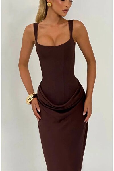Cool & Sexy Maxi Length Lace-Up Adjustable Corset Detailed Dress – Brown