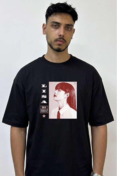Anetos Lisa Halftone Design Printed Oversize Black T-Shirt