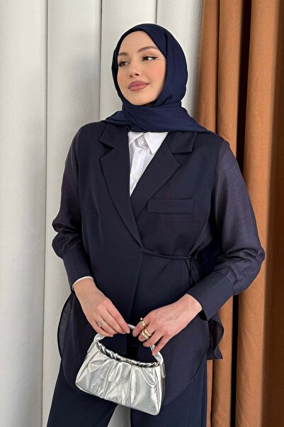 Modaensarbutik Oversize Şifon & Tül Detaylı Pamuklu Ceket-LACİVERT