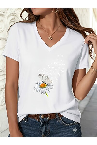Deocept Women's Mix Printed V-Neck Sleeved Regular Fit Comfortable T-Shirt