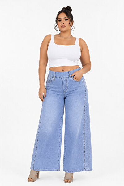 ZANESSİ FASHION Plus Size Denim Stoned High Waist Wide Leg Women's Trousers