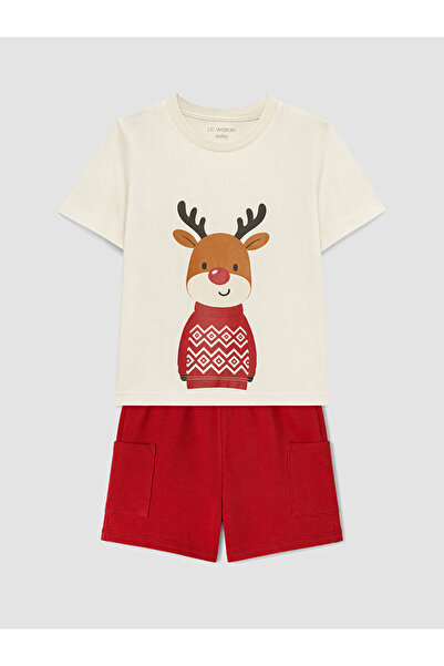 LC Waikiki Lcw Baby Ecru Deer Printed Baby Boy T-Shirt and Shorts Set