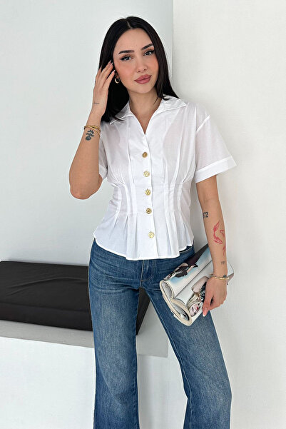 Noa&Noa Women's Gold Buttoned Waist Pleated Detailed Short Sleeve Shirt Blouse