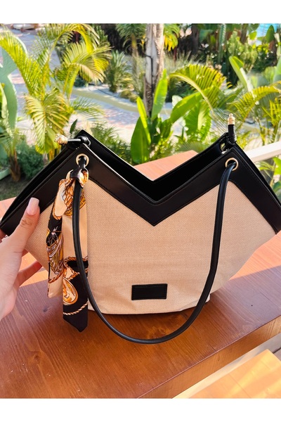 SANTA FLEX Black Straw Shoulder Bag with Faux Leather Details (Scarf Not Incl...