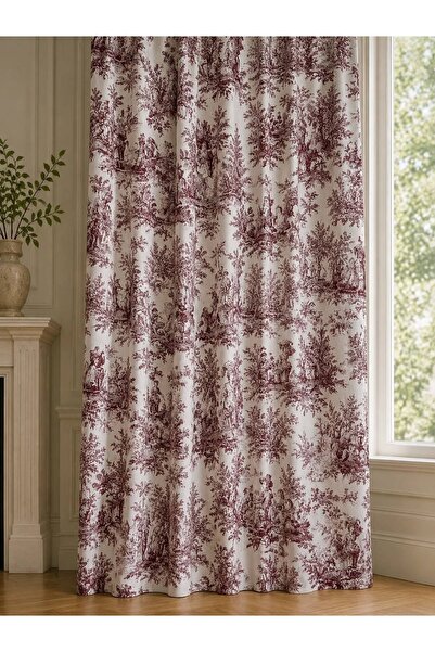 Luxoras Home Fransız Köylü Desenli Bordo Düz Fon Perde Kornişli Vintage Count...