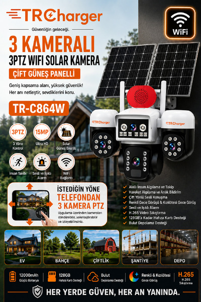 TRCharger 15MP 3 Kameralı 3PTZ WiFi Solar Güvenlik Kamerası ÇİFT GÜNEŞ PANELL...