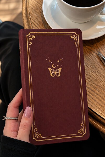 inkglo Vintage Linen Hard Cover Gold Gilded Dotted Notebook 10X20Cm Burgundy