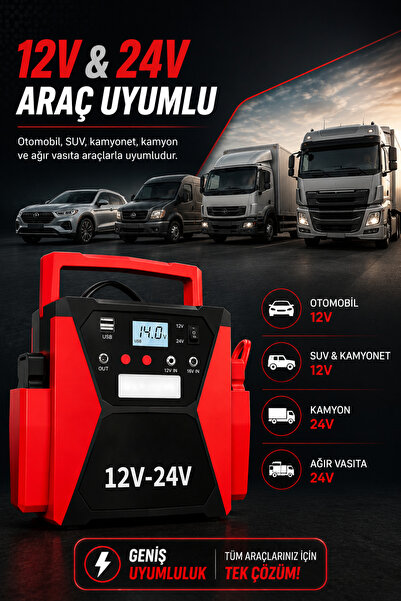 Merwish Akü Takviye Cihazı 12V/24V 3000A Araç Marş Basma Powerbank LED Fener Dijital Ekran 50.000mAh HJ-007