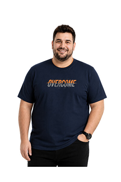 BattalModa Men's Plus Size Navy Blue Crew Neck Short Sleeve Overcome T-Shirt ...