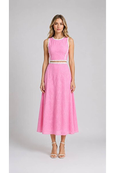 MODA Pembe Brode Crop Bluz Etek Takımı