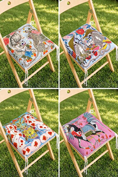 Home 4’lü Kaplan, Leopar ve Egzotik Desenli Bağcıklı Pofidik Sandalye Minderi...