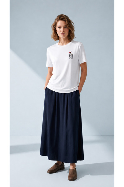 Kadın/Unisex Beyaz %100 Pamuk Regular Fit Rahat Kalıp Bisiklet Yaka Kayak Nakış İşlemeli T-shirt Kayakçı Tsihirt