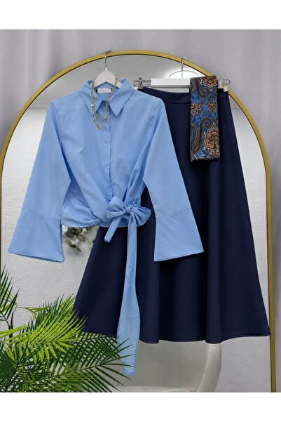 MODA MT Women's Tie-Detail Shirt - Puff Scuba Skirt Set - (Excluding Shawl)