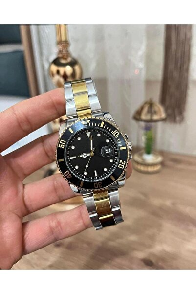 İSTLİV Erkek Gümüş- Gold Renk Siyah Kadran Rolex Modeli Çelik Kasa Kol Saati