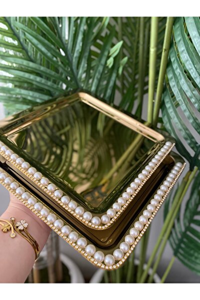 BÜŞRA Kahve sunum tepsisi 6 lı lüks taşlı gold