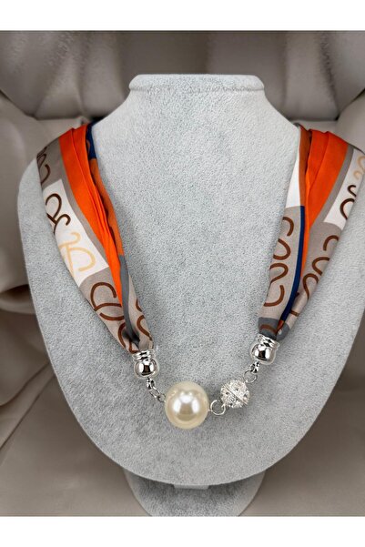 ZS Aksesuar Women's Orange Beige Patterned Magnetized Scarf Necklace with Lar...