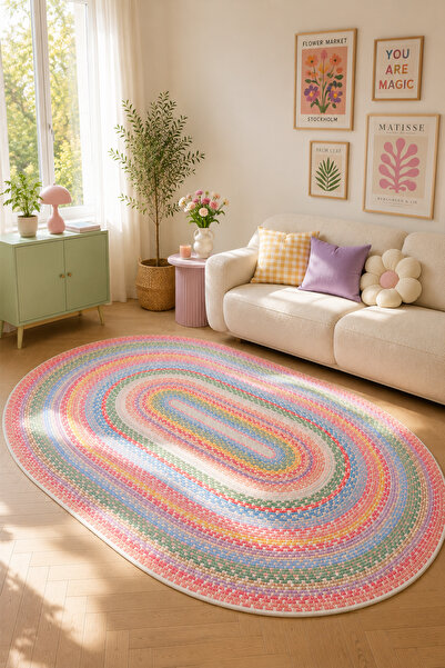 PINKIE HOME Dijital Baskı Hasır GÖRÜNÜMLÜ Kaymaz Yıkanabilir Renkli Salon Hal...