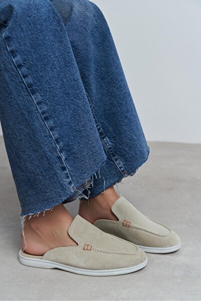 NİŞANTAŞI SHOES Letty Beige Suede Leather Flat Sole Women's Loafer Slippers