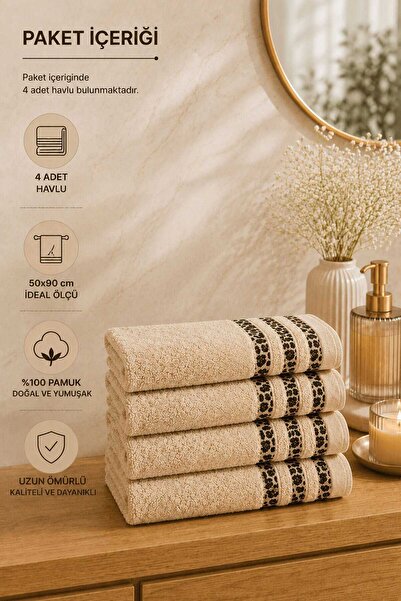 TakÇalıştır 4-Piece Hand and Face Towel Set 100% Cotton 50X90 cm Savana Sand ...