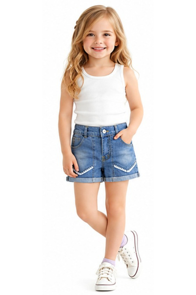 İrem Çocuk Giyim Girl's Blue Color Denim Shorts with Elastic Waist, Tassel De...