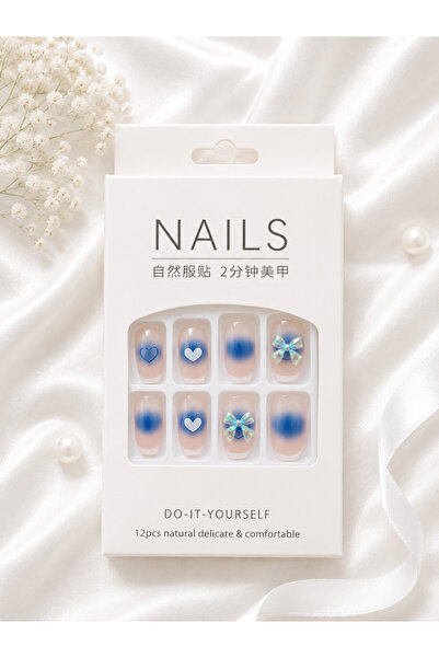 LUNIVRA Mavi Kalp ve Fiyonk Detaylı 12'li Takma Tırnak Press On Nail